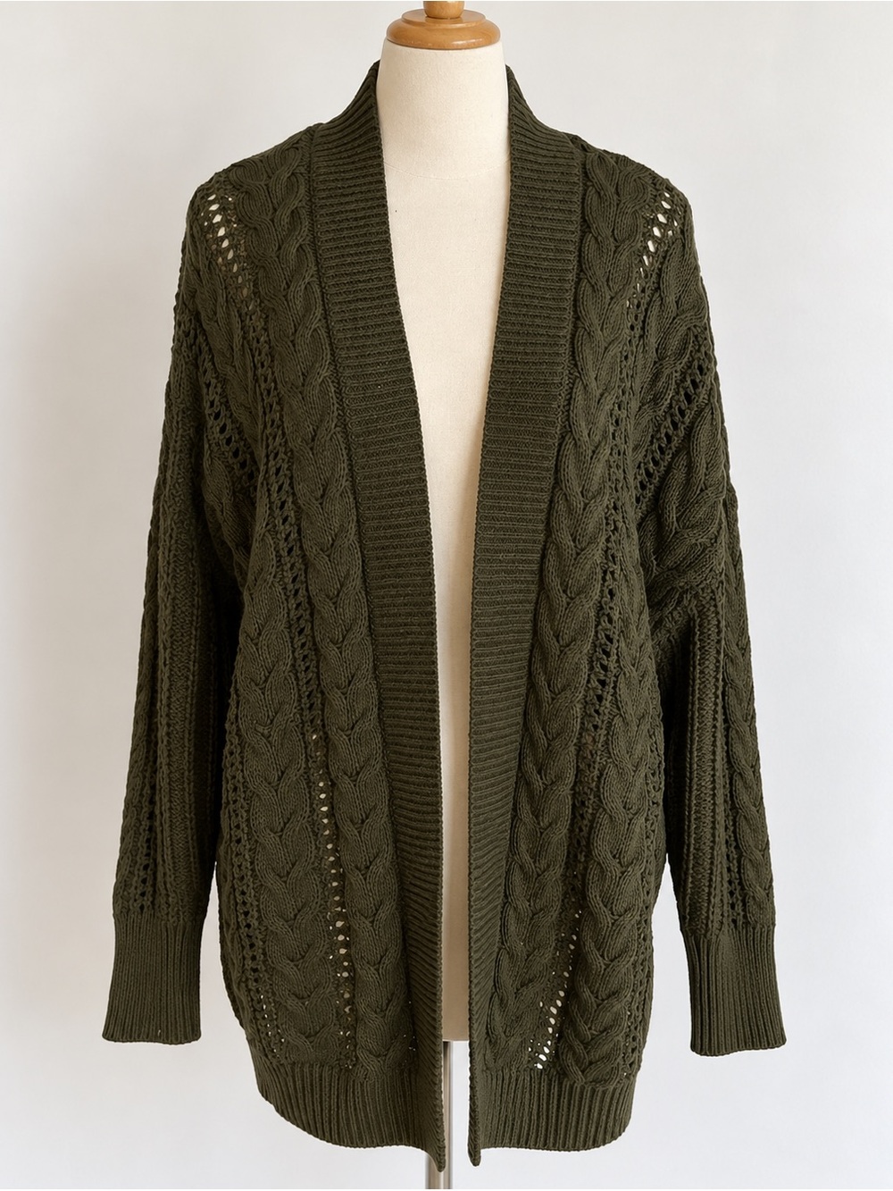 Old Navy Olive Green Cable Knit Open Front Cardigan